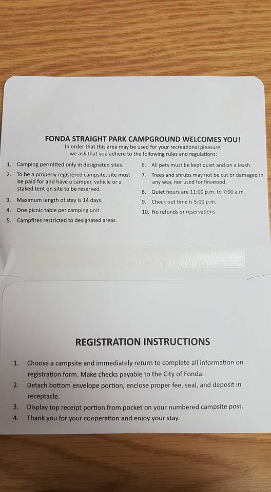 Fonda Straight Park Campground Registation Envelope