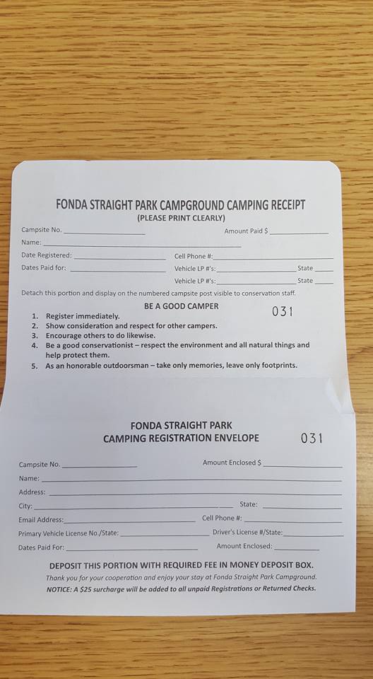 Registration Form at Fonda Straight Park Campground